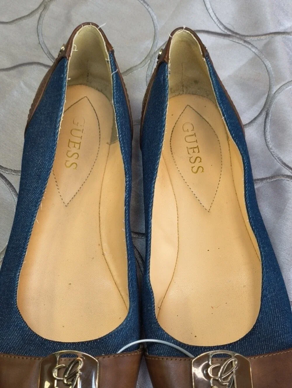GUESS Denim Navy Ballet Flats with Brown Trim and Logo Accent AB
